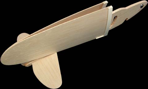 Plain Jane Folding Wing Glider with wings folded back for launching into the air